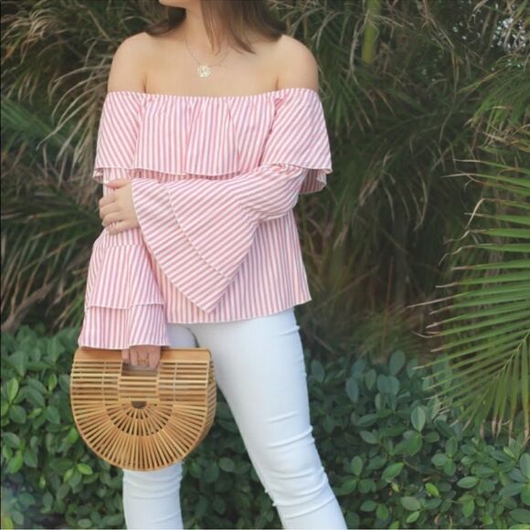 Hyfve Pink Striped Ruffle Off the Shoulder Top Long Bell Sleeve Shirt Size Small - Picture 1 of 9